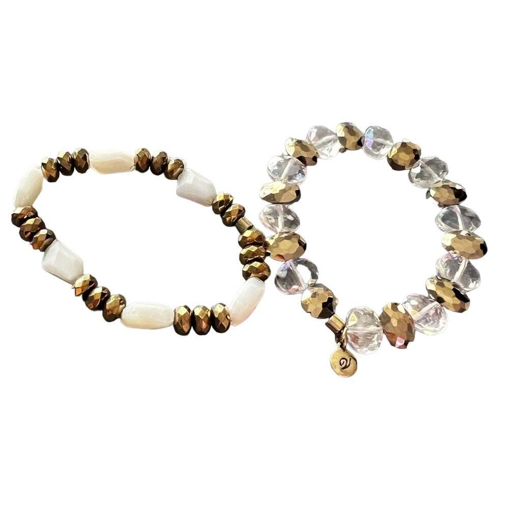 2 Gold & White Stretch Beaded Bracelets